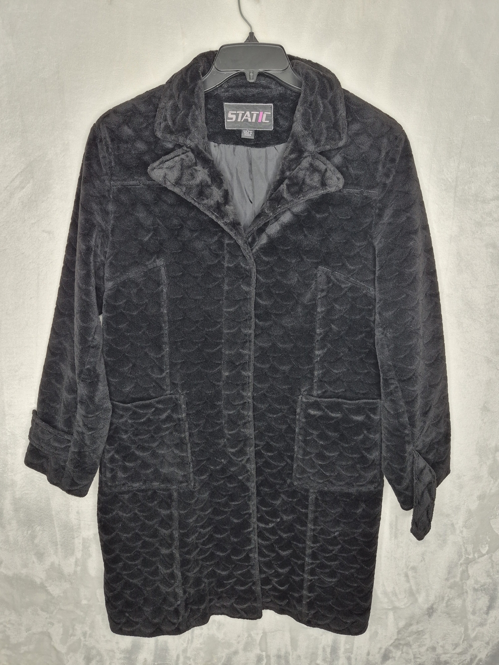 STATIC Vintage Black Textured Faux Fur Long Coat Made in Russia Womens Large